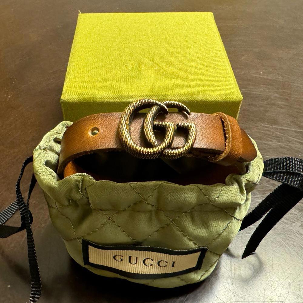 New Authentic Gucci GG Logo Leather Brass Bracelet Size XL Wrist up to 8.5”